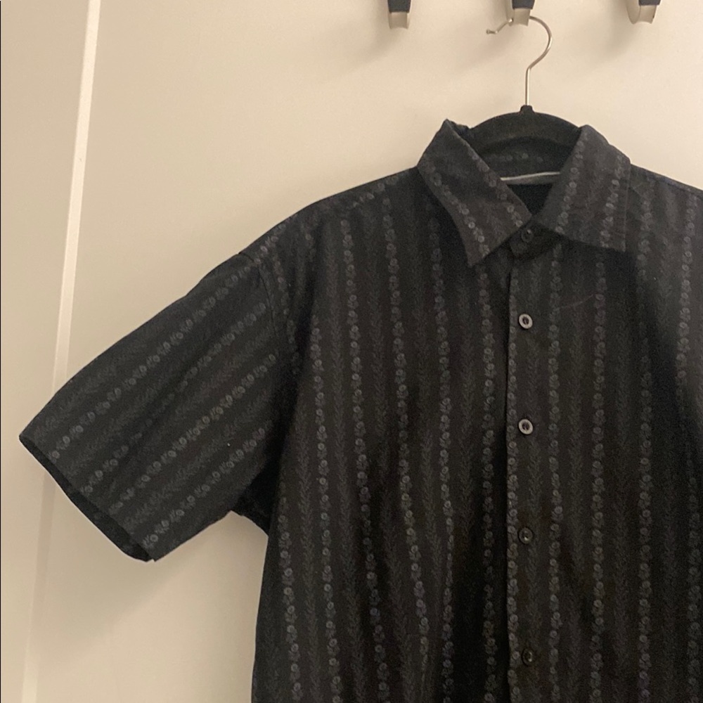 Black and Gray Casual Button Down Shirt with Vertical Stripes